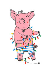 Cute little piggy with garland. Colored vector illustration