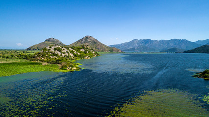 Naklejka na ściany i meble Aerial view of the beautiful landscape of Lake Skadar in the mountain on a sunny day. Montenegro. The territory of Lake Skadar overgrown with plants.