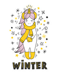 Magic unicorn with winter accessories. Winter lettering.