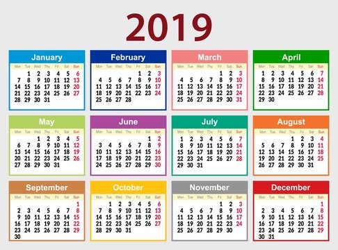 Multicolored calendar grid for 2019 in English. The week starts on Monday. The day off is Sunday.