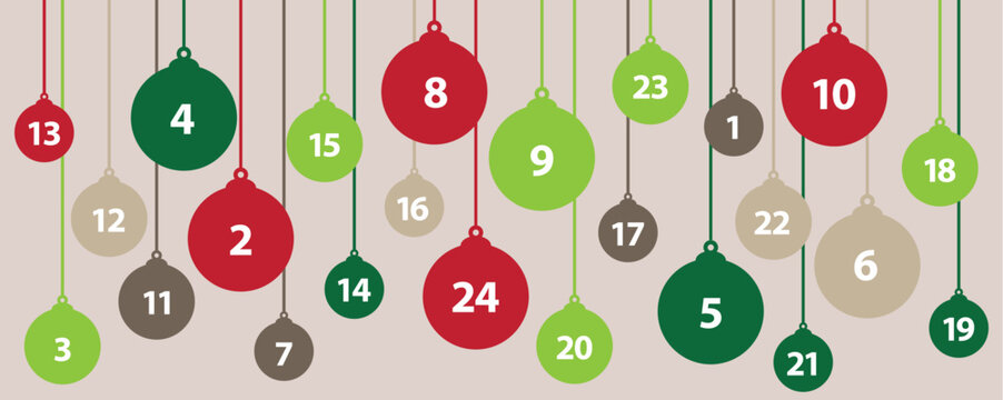 advent calendar 24 christmas tree balls in green and red colors