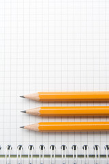 Three pencils lie on a notebook sheet.