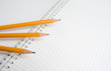 Three pencils lie on a notebook sheet.