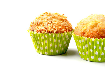 Assorted with Delicious homemade cupcakes with raisins and chocolate isolated on white background. Muffins. Top view. Copy space.