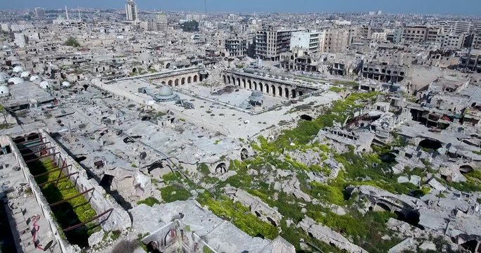 Aerial view of destroyed mosque in Aleppo city