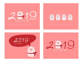 Set of Happy Chinese new year 2019,Chinese symbol of 2019 ,Vector illustration Flat designs of Cute piglet cartoon with hand-lettering words for greeting cards, cover and banner