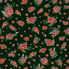 Seamless pattern in small pretty flowers. Poppy bouquets. Liberty style millefleurs. Floral background for textile, wallpaper, pattern fills, covers, surface, print, wrap, scrapbooking, decoupage.