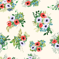 Seamless pattern in small pretty flowers. Poppy bouquets. Liberty style millefleurs. Floral background for textile, wallpaper, pattern fills, covers, surface, print, wrap, scrapbooking, decoupage.