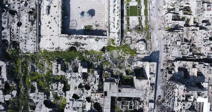 Overhead view of destroyed mosque in Aleppo city