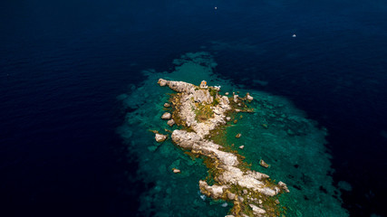 Aerial view of a beautiful island with church in the Adriatic Sea