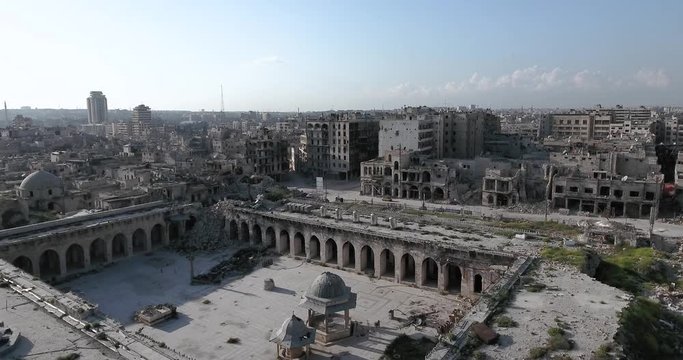 Aerial view of destroyed mosque in Aleppo city