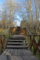 Long narrow outdoor staircase in a deserted autumn park
