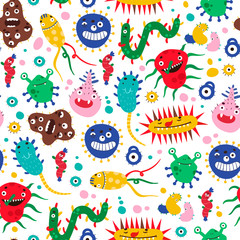 Various micro monsters and bacterias. Hand drawn vector seamless pattern