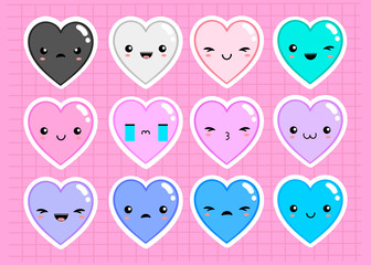 Kawaii hearts with various emotions. Colored vector sticker set. All elements are isolated