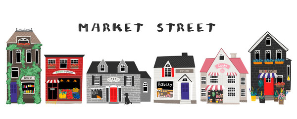 Market street. Bakery, flower shop, farm and candy shops, pet shop and book store. Big colored vector set. Every building is isolated