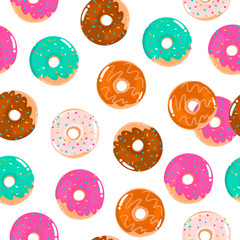 Hand drawn tasty donuts. Colored vector seamless pattern