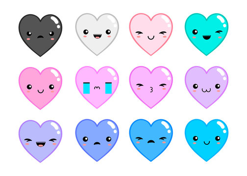 Kawaii hearts with various emotions. Colored vector set. All elements are isolated