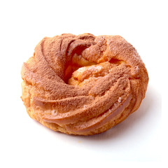 Chocolate and powdered sugar cream puff rings, choux pastry. Isolated on white background.