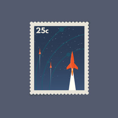 Retro postage space stamp. Vintage soviet style stamp with flying rockets. Flat style modern vector illustration with retro colors. For for envelopes, postcards or letter retro style paper.