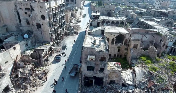 Aerial view of destructed buildings in Aleppo city
