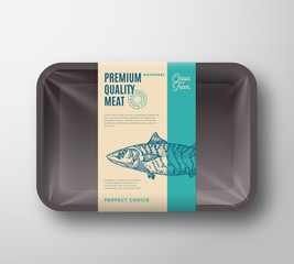 Premium Quality Mackerel Pack. Abstract Vector Fish Plastic Tray Container with Cellophane Cover. Packaging Design Label. Modern Typography and Hand Drawn Mackerel Silhouette Background Layout.