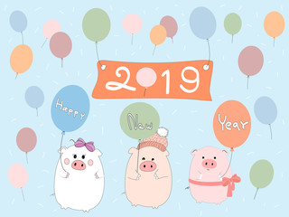 Happy Chinese new year 2019 background,Chinese symbol of 2019 with three pigs holding balloon,Vector illustration cute pigs cartoon with text balloon happy new year for card, cover, banner and label