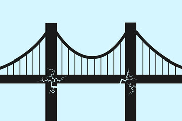 Bridge in poor condition. Danger and risk of failure, breakdown and collapse. Trouble and problem of deteriorated and bad transport building and infrastructure. vector illustration