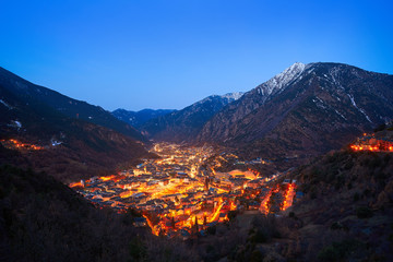 Andorra la Vella skyline at sunset Pyrenees - obrazy, fototapety, plakaty