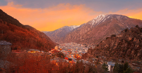 Andorra la Vella skyline at sunset Pyrenees - obrazy, fototapety, plakaty