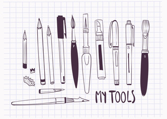 Various stationery. Hand drawn graphic vector set. All elements are isolated