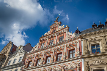 Obraz premium Facade of historic Renaissance house in the Fischmarkt. City center. Erfurt, Germany