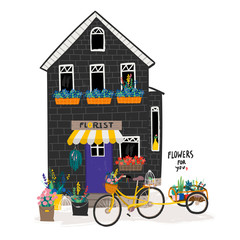 Flower shop and bicycle. Hand drawn vector illustration