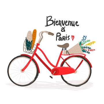 Bienvenue à Paris. Hand drawn bicycle with flowers and baguettes. Colored vector illustration