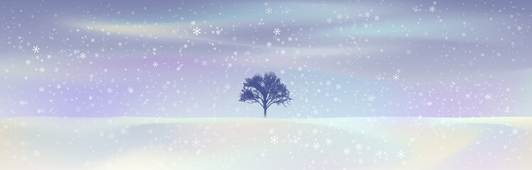 幻想的な夜の降雪　原野でファンタジーを纏った一本の木
