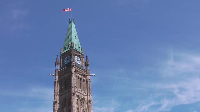 Canadian Parliament Peace Tower With Maple Leaf Flag Ottawa