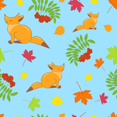 Vector seamless background on autumn theme with fox on blue background