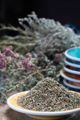 Herbes de Provence, mixture of dried herbs typical of the Provence region, blends often contain savory, marjoram, rosemary, thyme,  oregano, lavender leaves, used with grilled foods and stews.