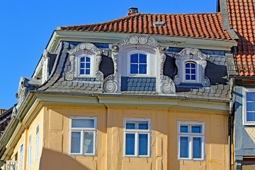 Wolfenbüttel: Giebel historischer Fachwerkgebäude (Niedersachsen)
