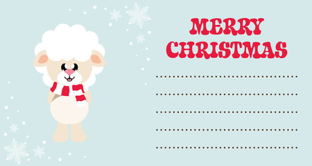 cartoon cute sheep white with scarf on the christmas card