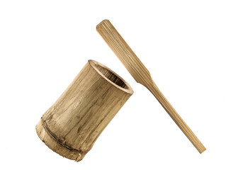 Handmade bamboo cup with spoon from bamboo tree,closeup shot on white isolated.