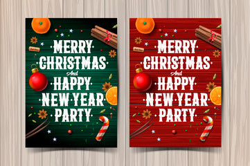 Merry Christmas and Happy New Year party design template, poster with vintage background with typography and spices, vector illustration.