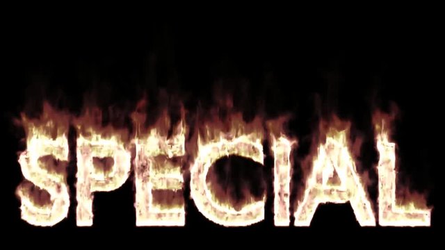 Animated burning or engulf in flames all caps text special. Fire has transparency and isolated and easy to loop. Black background, mask included.
