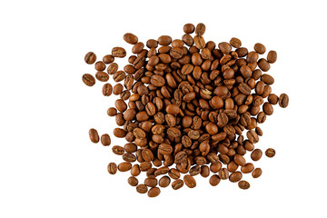 Coffee beans isolated on white background. Fragrant scattering.