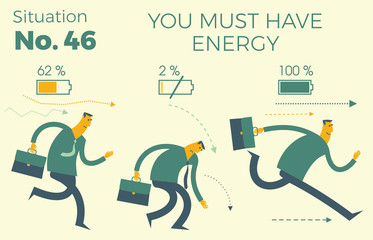 Flat design Illustration for presentation, web, landing page: Full of energy and tired businessman. Powerful person with full charge and uncharged battery. Businessman low charge energy picture.