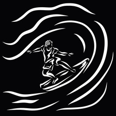 Man conquers the wave, surfing, white pattern on a black background
