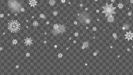 Christmas background with falling snow. Snowflake on transparent background. Winter holiday pattern. Vector illustration 