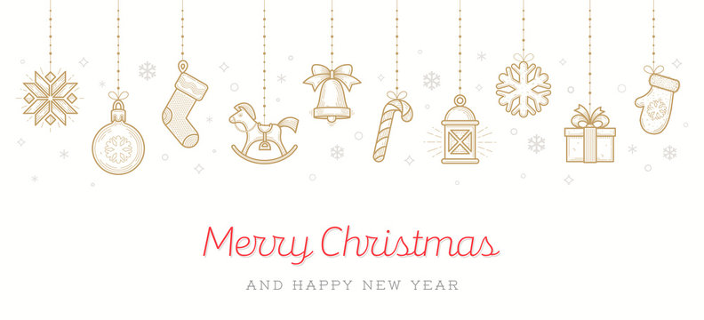 Christmas greeting card. Holiday signs and symbols hanging on white background, Vector illustration.