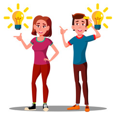 New Idea, Happy Teenager Guy, Girl With Bulb Over Head Vector. Isolated Illustration