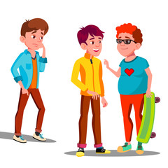 Sad Boy Alone Among A Friends Teenagers Vector. Isolated Illustration