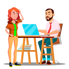 Confused Student Takes An Exam To Angry Teacher Vector. Isolated Illustration